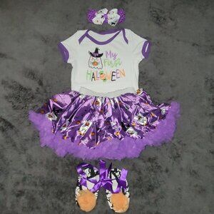 Boutique NWOT 4pc Girls My First Halloween Baby Outfit- Onesie Skirt Shoes & Hea